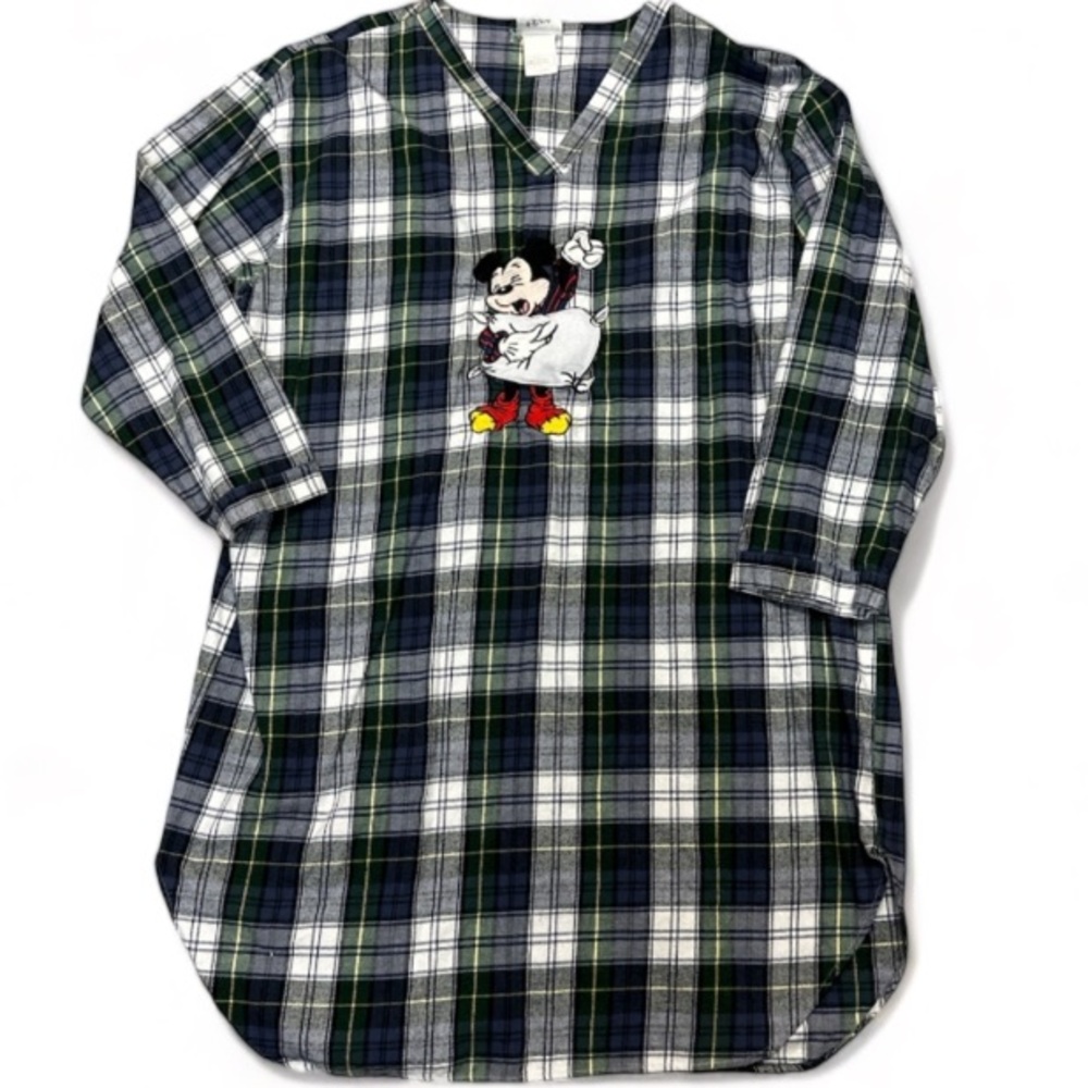 Mickey Mouse Disney Plaid Long Embroidered Sleepwear Ladies Size L/XL Vintage